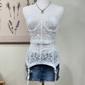 Victoria Secret White Silver Lace Corset Bustier Garter Bridal Sexy Romantic 36D